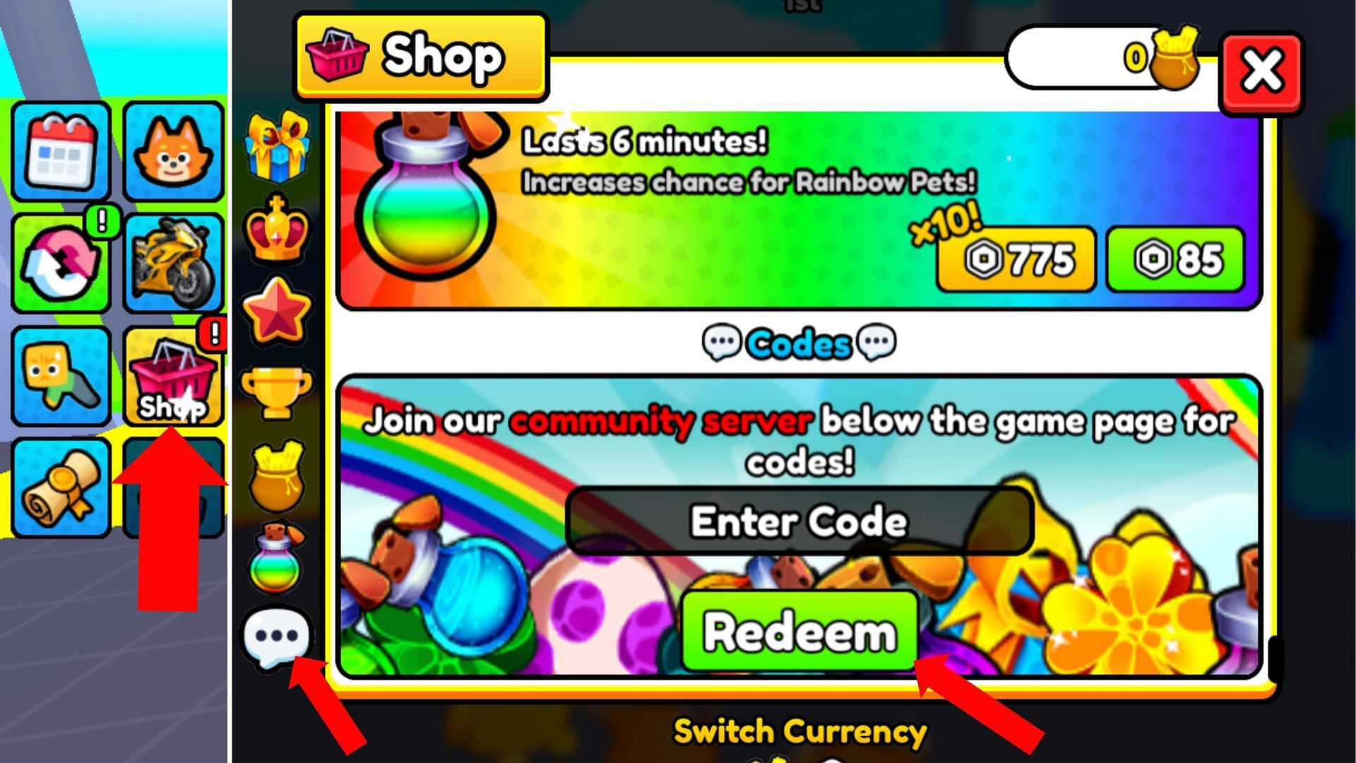 Click the chat tab to jump to the code redemption menu (Image via Roblox)